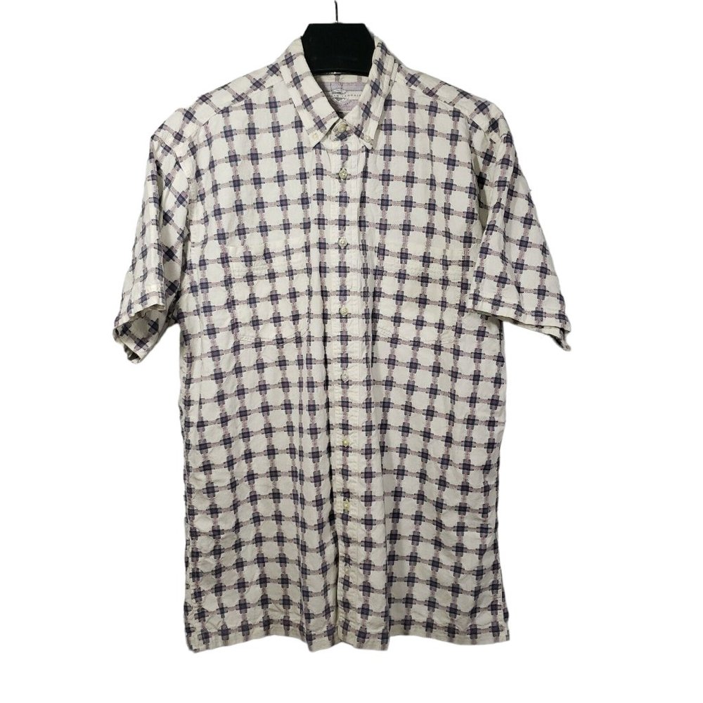 VTG 90s Seersucker Plaid S/S Button Down Shirt Mens XLT Tall Long Grid Checker